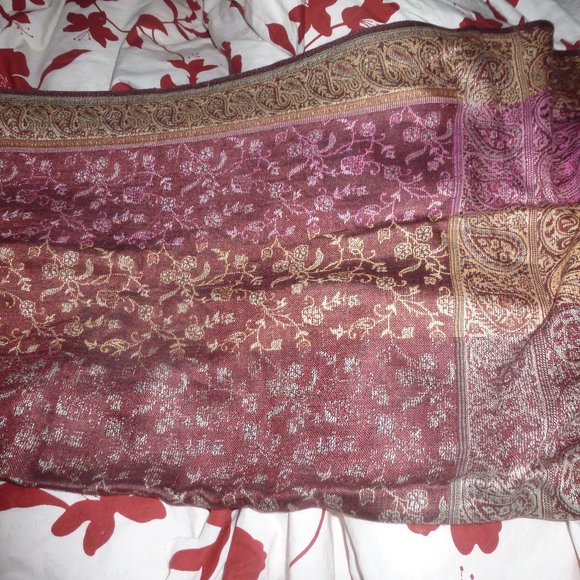 PASHMINA 100% Cashmere Burgundy /Multicolored Neck Scarf with Fringe - Picture 6 of 9